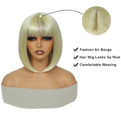 GUOJIAN 12 Inch Short Bob Wigs with Bangs Straight Bob Wigs for Women Synthetic Bob Wigs Natural Looking for Daily Party Cosplay (Blonde, 12inch)