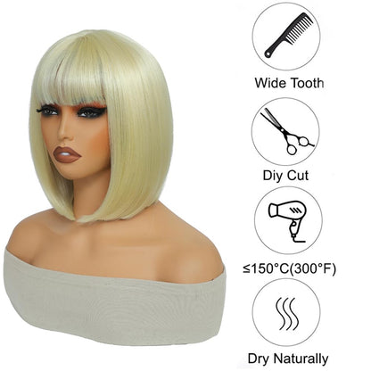 GUOJIAN 12 Inch Short Bob Wigs with Bangs Straight Bob Wigs for Women Synthetic Bob Wigs Natural Looking for Daily Party Cosplay (Blonde, 12inch)