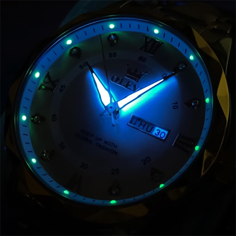 OLEVS Men's Watches Blue Casual Luxury Diamond Watches Stainless Steel Waterproof Business Dress Analog Luminous Date Watches for Men