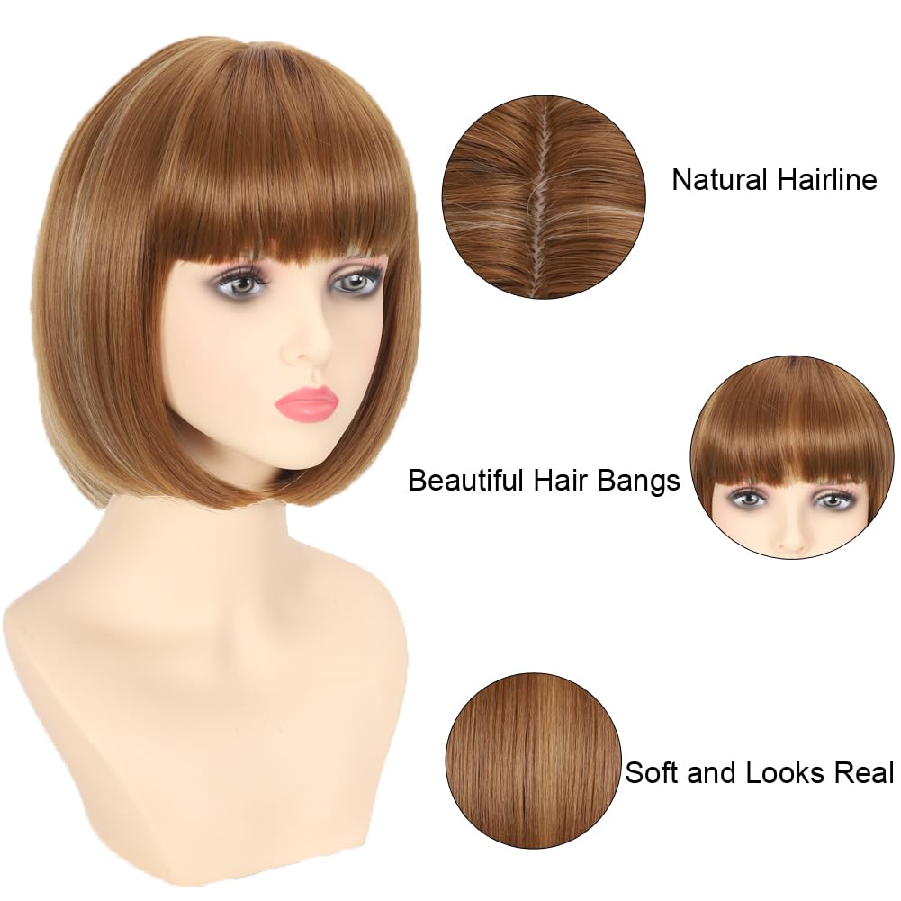 Refined Short Bob Wigs With Bangs 12 inch Straight Synthetic Cosplay Party Wig For Women Daily Use Colorful Hair Wigs (27/613, 12 Inch)