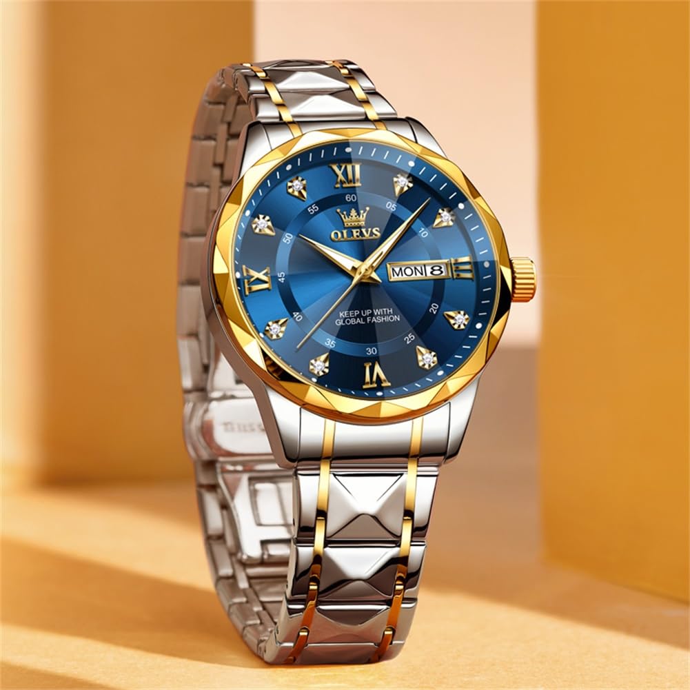 OLEVS Men's Watches Blue Casual Luxury Diamond Watches Stainless Steel Waterproof Business Dress Analog Luminous Date Watches for Men