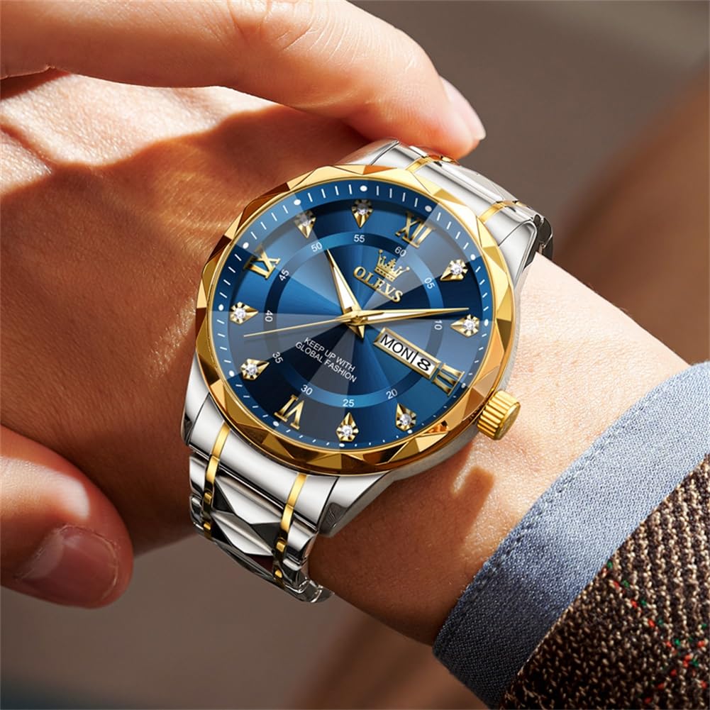 OLEVS Men's Watches Blue Casual Luxury Diamond Watches Stainless Steel Waterproof Business Dress Analog Luminous Date Watches for Men