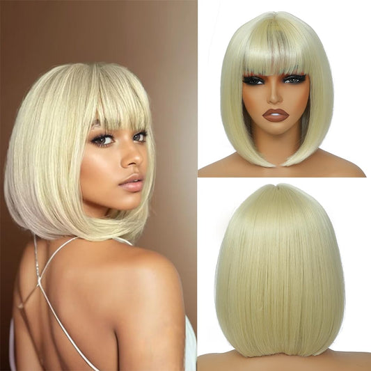 GUOJIAN 12 Inch Short Bob Wigs with Bangs Straight Bob Wigs for Women Synthetic Bob Wigs Natural Looking for Daily Party Cosplay (Blonde, 12inch)