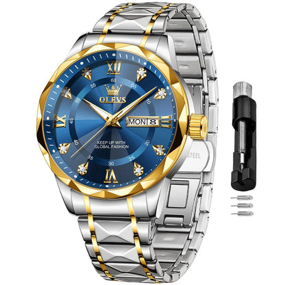 OLEVS Men's Watches Blue Casual Luxury Diamond Watches Stainless Steel Waterproof Business Dress Analog Luminous Date Watches for Men