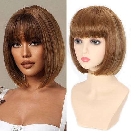 Refined Short Bob Wigs With Bangs 12 inch Straight Synthetic Cosplay Party Wig For Women Daily Use Colorful Hair Wigs (27/613, 12 Inch)