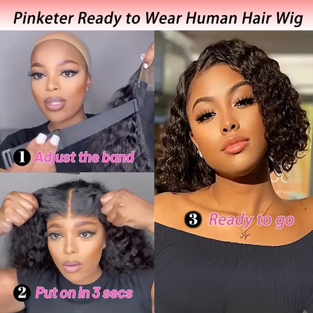 Wear and Go Bob Wigs Human Hair Deep Wave Glueless Wigs Human Hair Pre Plucked Pre Cut 180% Density Curly Human Hair Bob Wigs For Black Women Beginner Friendly (Glueless Curly Wig, 12inch)