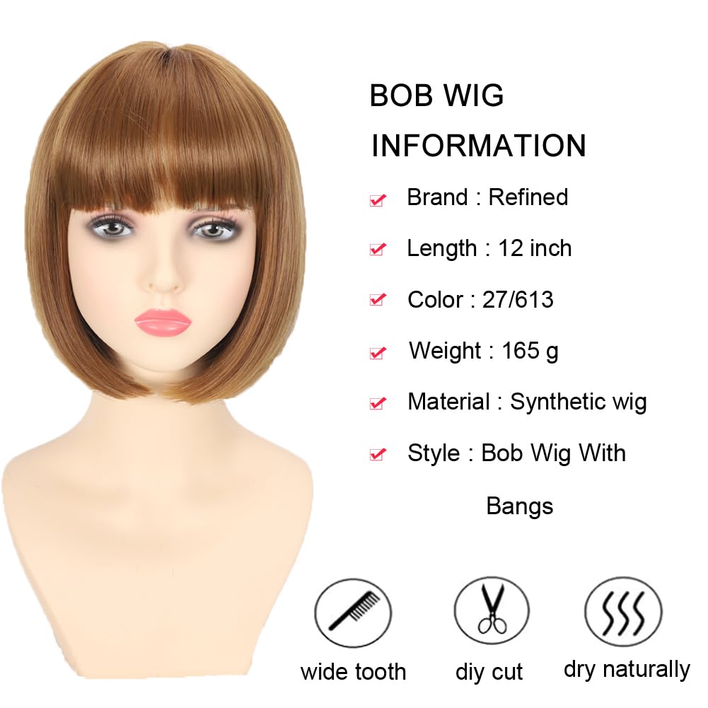 Refined Short Bob Wigs With Bangs 12 inch Straight Synthetic Cosplay Party Wig For Women Daily Use Colorful Hair Wigs (27/613, 12 Inch)