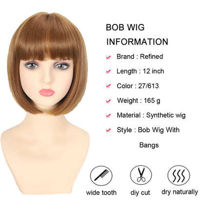 Refined Short Bob Wigs With Bangs 12 inch Straight Synthetic Cosplay Party Wig For Women Daily Use Colorful Hair Wigs (27/613, 12 Inch)