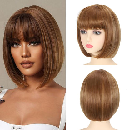 Refined Short Bob Wigs With Bangs 12 inch Straight Synthetic Cosplay Party Wig For Women Daily Use Colorful Hair Wigs (27/613, 12 Inch)