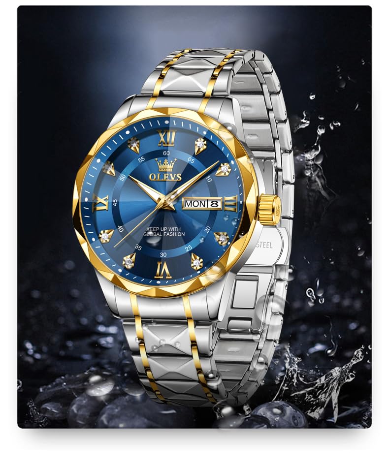 OLEVS Men's Watches Blue Casual Luxury Diamond Watches Stainless Steel Waterproof Business Dress Analog Luminous Date Watches for Men