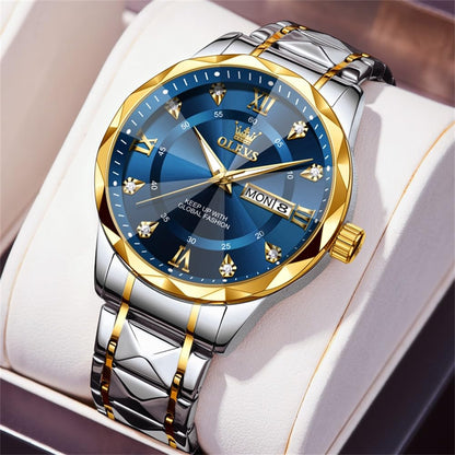 OLEVS Men's Watches Blue Casual Luxury Diamond Watches Stainless Steel Waterproof Business Dress Analog Luminous Date Watches for Men