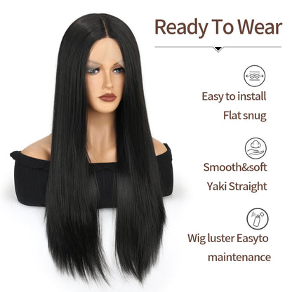 VOKEYLA Synthetic Lace Front Wigs For Women Black Straight Hair Glueless 13x4x1 Long Straight Natural Heat Resistant Fiber Natural Wig With 26 Inch (Black)