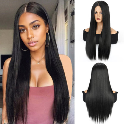 VOKEYLA Synthetic Lace Front Wigs For Women Black Straight Hair Glueless 13x4x1 Long Straight Natural Heat Resistant Fiber Natural Wig With 26 Inch (Black)