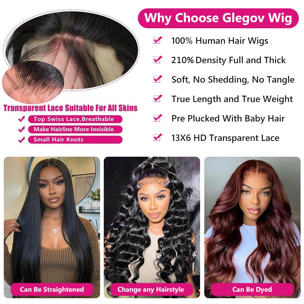 Glegov 13x6 Lace Front Wigs Human Hair Pre Plucked 28 Inch Body Wave Lace Frontal Wigs Human Hair 210% Density HD Skin-Like Lace Front Wig Glueless Wigs Human Hair Wear and Go Body Wave Wig for Women