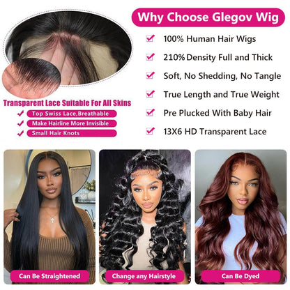 Glegov 13x6 Lace Front Wigs Human Hair Pre Plucked 28 Inch Body Wave Lace Frontal Wigs Human Hair 210% Density HD Skin-Like Lace Front Wig Glueless Wigs Human Hair Wear and Go Body Wave Wig for Women