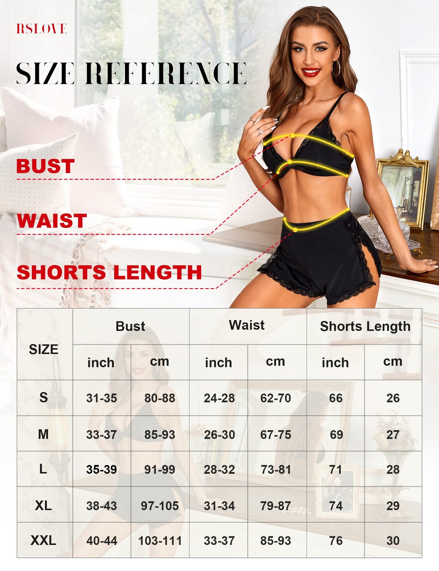 RSLOVE Sexy Pajamas for Women Soft Lingerie Set Lace Trim Sleepwear 2 piece Pjs Shorts Set Black M