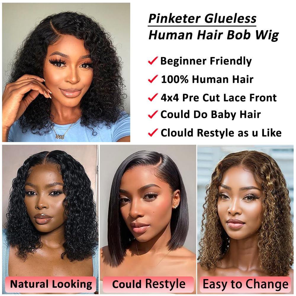 Wear and Go Bob Wigs Human Hair Deep Wave Glueless Wigs Human Hair Pre Plucked Pre Cut 180% Density Curly Human Hair Bob Wigs For Black Women Beginner Friendly (Glueless Curly Wig, 12inch)