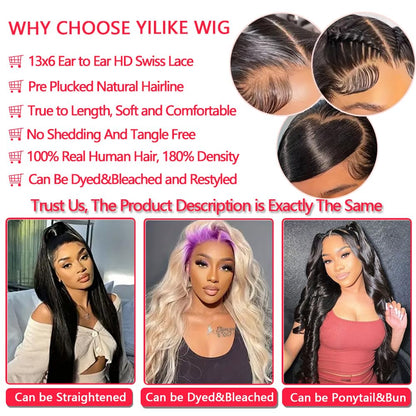 Yilike 28 Inch 13x6 Lace Front Wigs Human Hair Pre Plucked Body Wave HD Lace Front Wigs Human Hair 180% Density Frontal Glueless Wigs Human Hair with Baby Hair