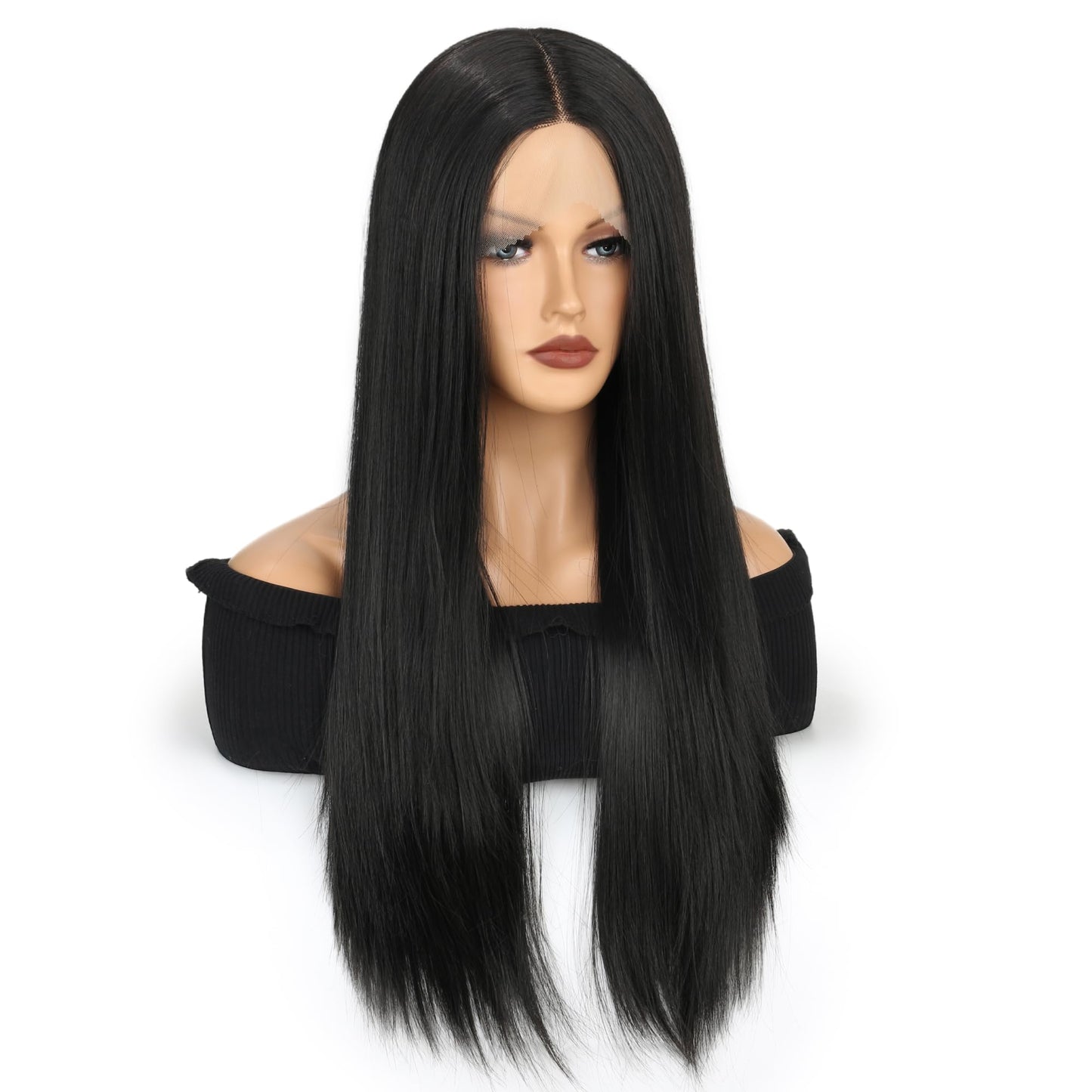 VOKEYLA Synthetic Lace Front Wigs For Women Black Straight Hair Glueless 13x4x1 Long Straight Natural Heat Resistant Fiber Natural Wig With 26 Inch (Black)