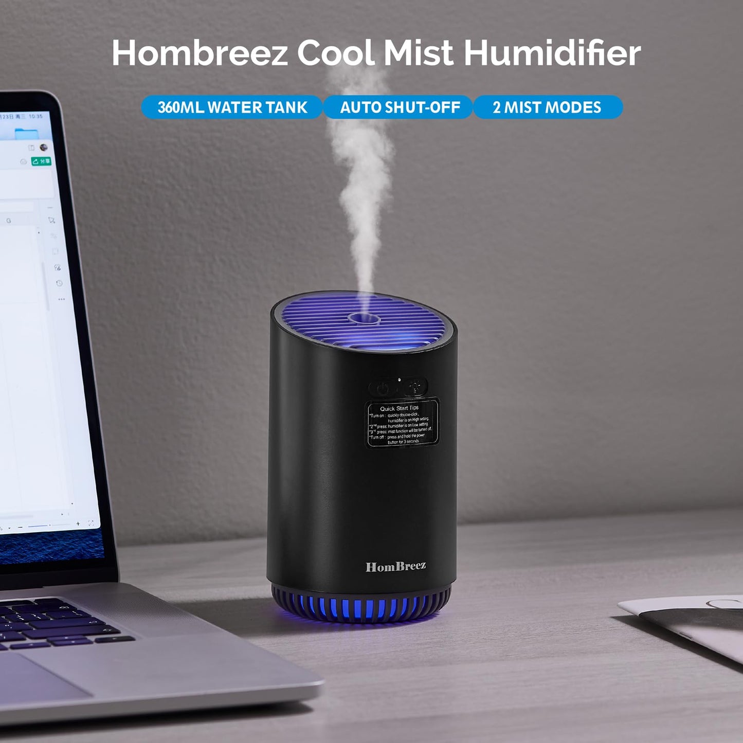 HomBreez Mini Humidifier, Cool Mist Humidifier for Baby, 320ml Small Air Humidifier for Bedroom Plants Indoor, Portable Humidifier for Car Outdoor, 2 Mist Mode with LED Light and Auto Shut-Off (Black)