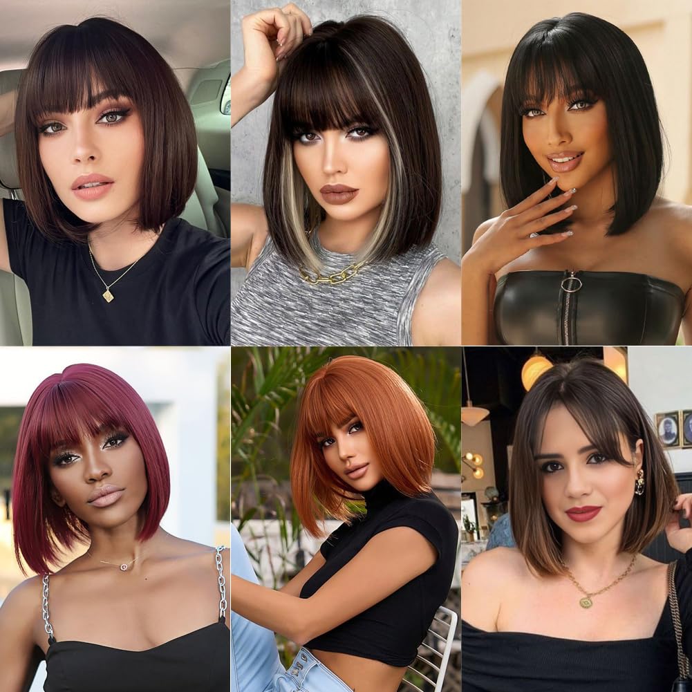 Refined Short Bob Wigs With Bangs 12 inch Straight Synthetic Cosplay Party Wig For Women Daily Use Colorful Hair Wigs (27/613, 12 Inch)