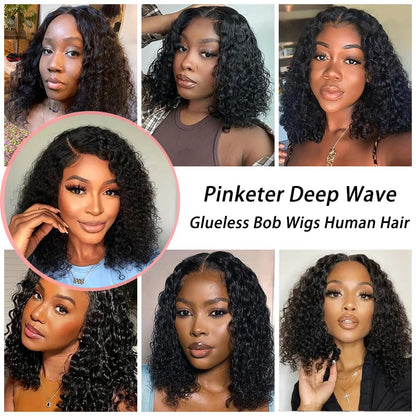 Wear and Go Bob Wigs Human Hair Deep Wave Glueless Wigs Human Hair Pre Plucked Pre Cut 180% Density Curly Human Hair Bob Wigs For Black Women Beginner Friendly (Glueless Curly Wig, 12inch)