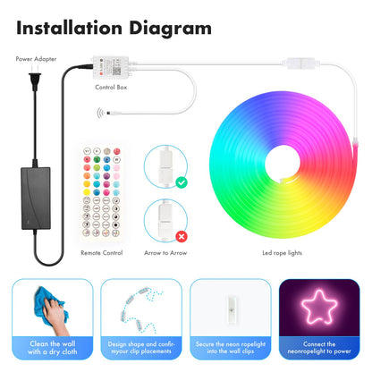 HRDJ Neon Rope Lights, 9.84FT RGB Neon Strip Lights, Outdoor IP67 Waterproof Lights, Smart APP Control with 44Key Remote, 47 Modes, Music Sync Gaming, DIY Design, Dimmable for Bedroom Decoration