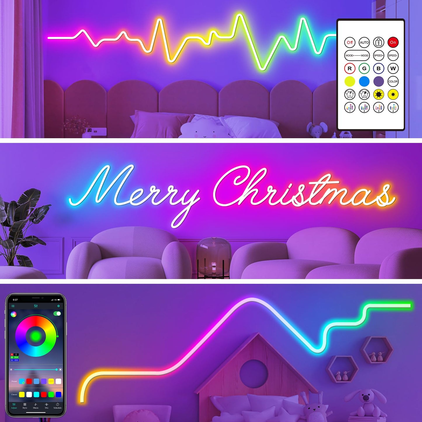 16.4Ft Neon Rope Lights,Flexible Led Rope Lights Control with App/Remote,Multiple Modes Rope Lights,IP65 Outdoor RGB Led Neon Lights Waterproof,Music Sync Gaming Led Neon Light Strip for Bedroom Decor