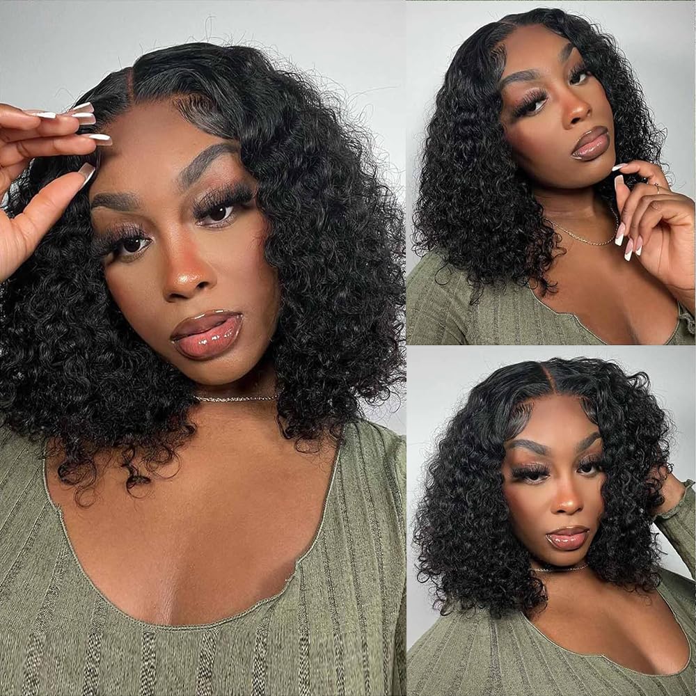 Wear and Go Bob Wigs Human Hair Deep Wave Glueless Wigs Human Hair Pre Plucked Pre Cut 180% Density Curly Human Hair Bob Wigs For Black Women Beginner Friendly (Glueless Curly Wig, 12inch)