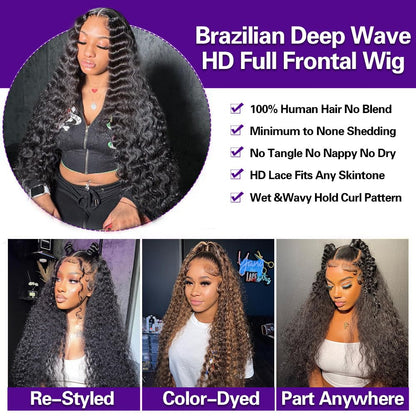 LRV 26 Inch Deep Wave Lace Front Wigs Human Hair 13x4 HD Lace Front Wigs Human Hair Pre Plucked Brazilian Deep Wave Wig Human Hair Wet Wavy Glueless Frontal Wigs Human Hair Deep Wave Wig 180 Density