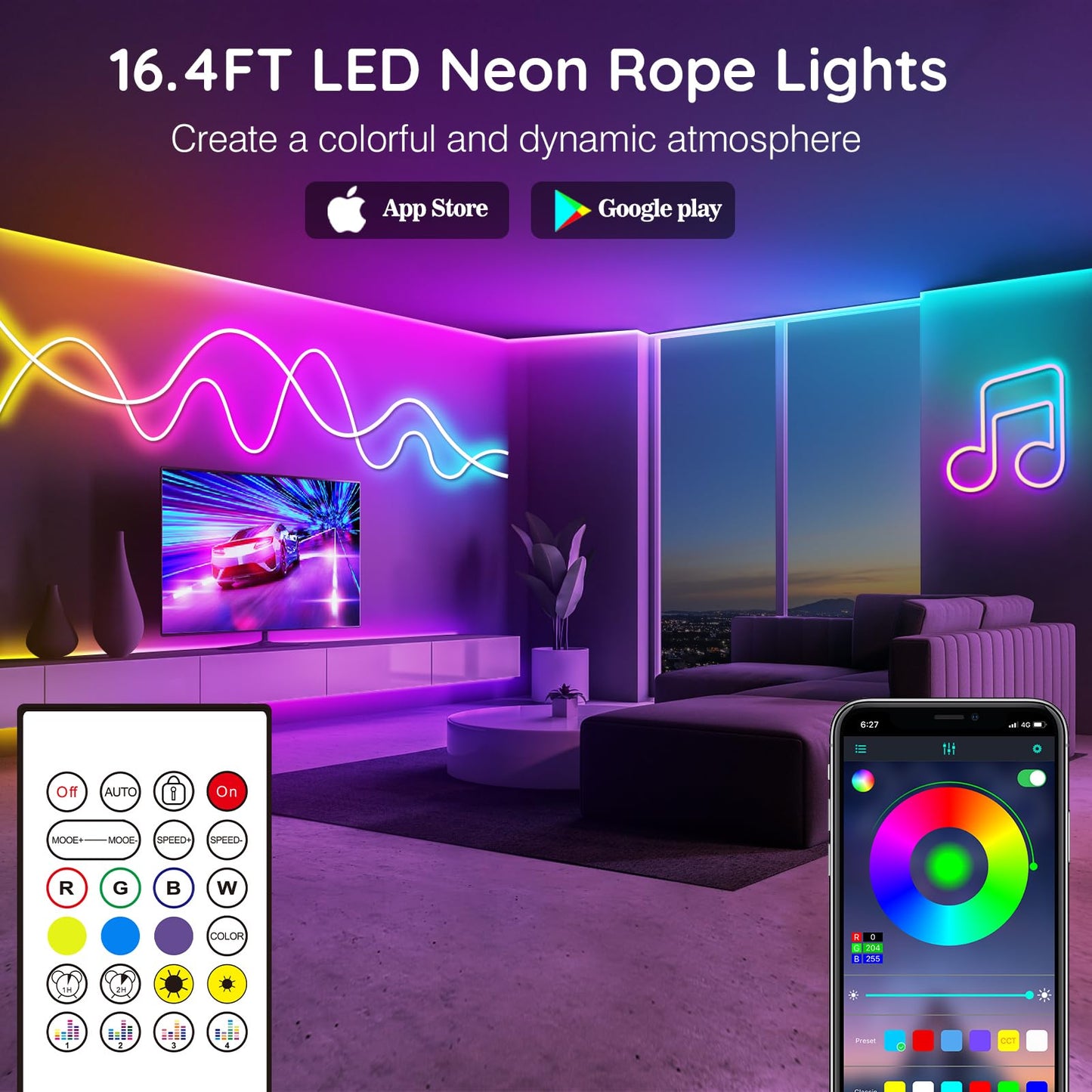 16.4Ft Neon Rope Lights,Flexible Led Rope Lights Control with App/Remote,Multiple Modes Rope Lights,IP65 Outdoor RGB Led Neon Lights Waterproof,Music Sync Gaming Led Neon Light Strip for Bedroom Decor