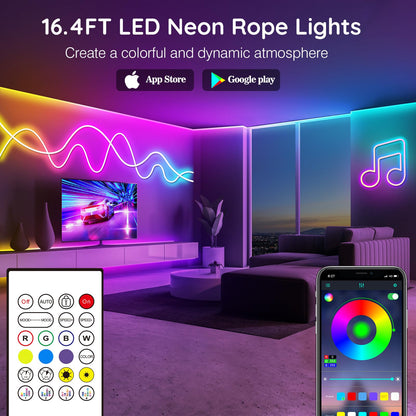 16.4Ft Neon Rope Lights,Flexible Led Rope Lights Control with App/Remote,Multiple Modes Rope Lights,IP65 Outdoor RGB Led Neon Lights Waterproof,Music Sync Gaming Led Neon Light Strip for Bedroom Decor