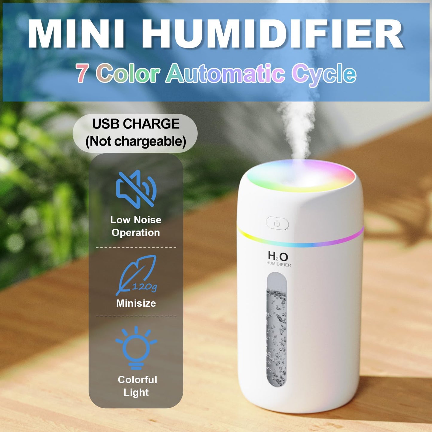 ZPP Small Humidifier, Portable Mini Humidifier with 7-color Lights for Car, Mini Desktop Humidifier for Home, Office, Travel with Night Light, Auto Shut-Off