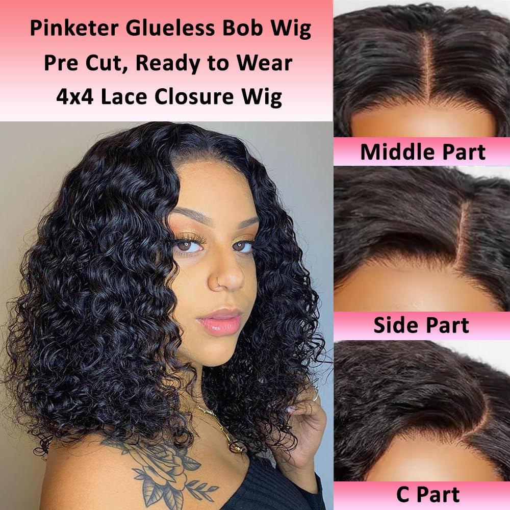 Wear and Go Bob Wigs Human Hair Deep Wave Glueless Wigs Human Hair Pre Plucked Pre Cut 180% Density Curly Human Hair Bob Wigs For Black Women Beginner Friendly (Glueless Curly Wig, 12inch)