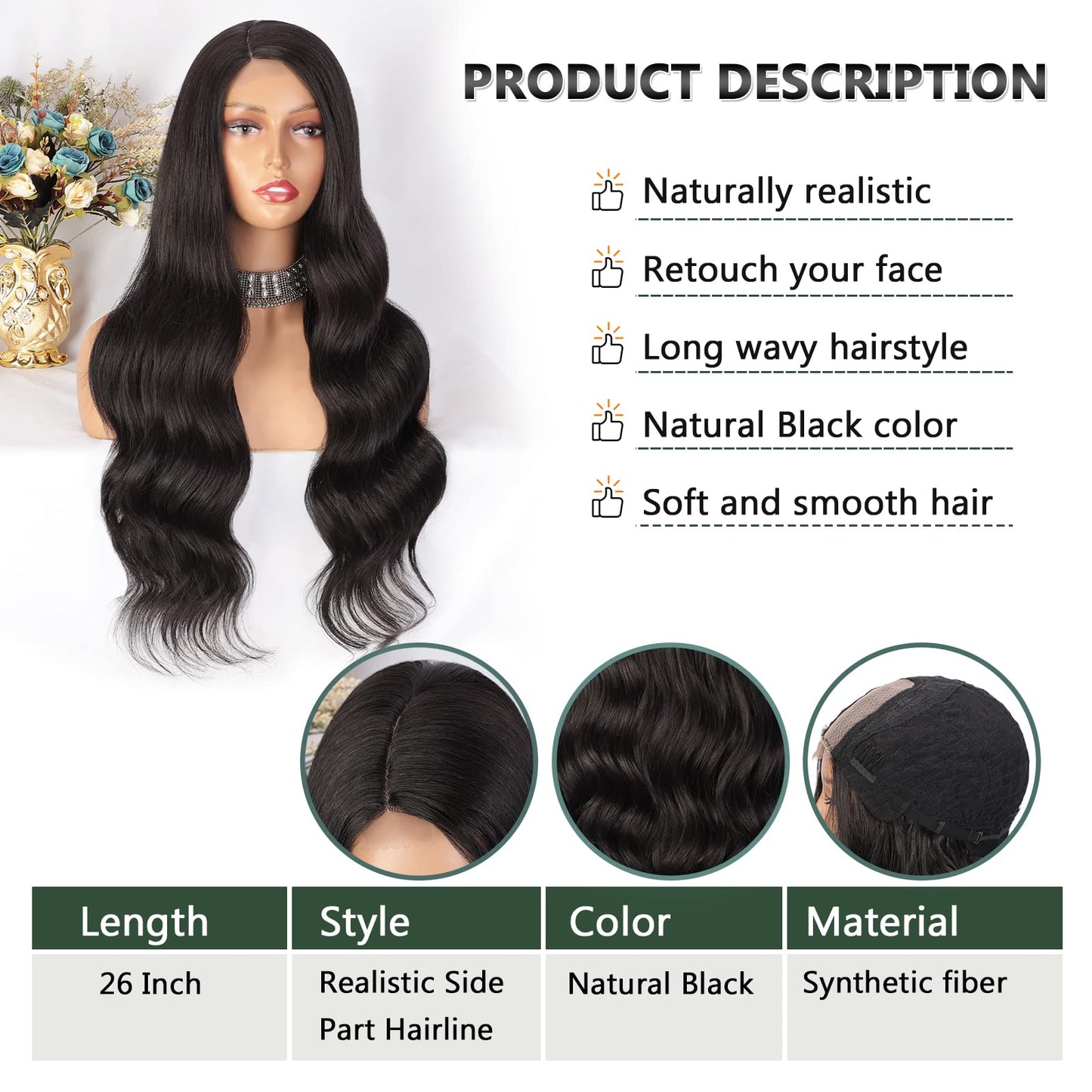 N NAYASA Long Black Wavy Wigs for Women Side Part Black Wig Natural Looking Synthetic Heat Resistant Fiber Wigs Hair for Daily Party Use (2#)