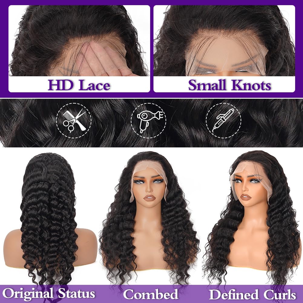 LRV 26 Inch Deep Wave Lace Front Wigs Human Hair 13x4 HD Lace Front Wigs Human Hair Pre Plucked Brazilian Deep Wave Wig Human Hair Wet Wavy Glueless Frontal Wigs Human Hair Deep Wave Wig 180 Density