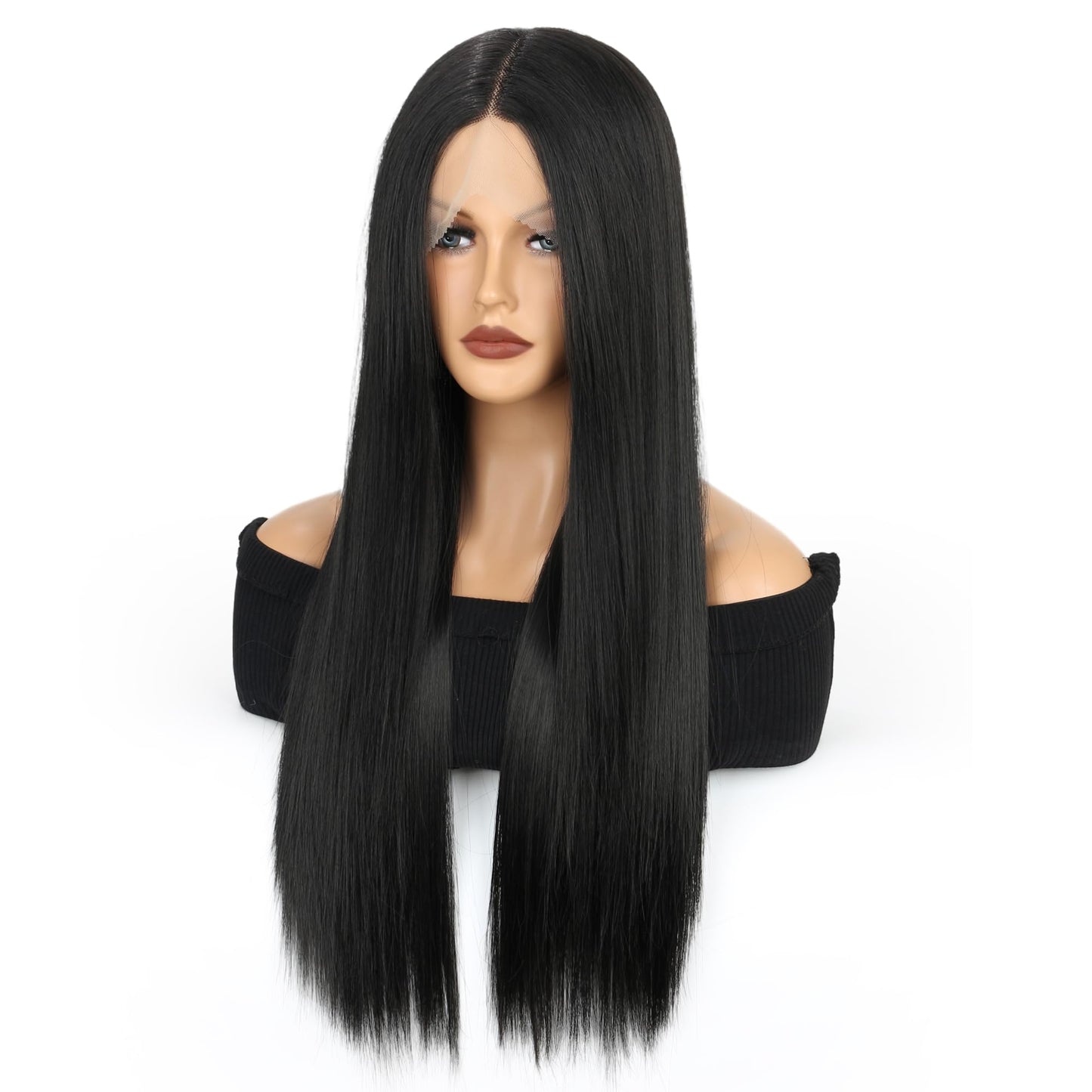 VOKEYLA Synthetic Lace Front Wigs For Women Black Straight Hair Glueless 13x4x1 Long Straight Natural Heat Resistant Fiber Natural Wig With 26 Inch (Black)