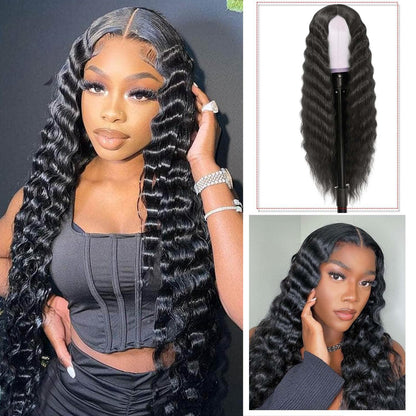 INSTASTYLE 30 Inch Synthetic Curly Wigs for Women Long Black Hair Wig Lace Front 4" Simulated Scalp Natural Loose Deep Wave Crimps Curls Wig As Hair Replacement Wigs 1B