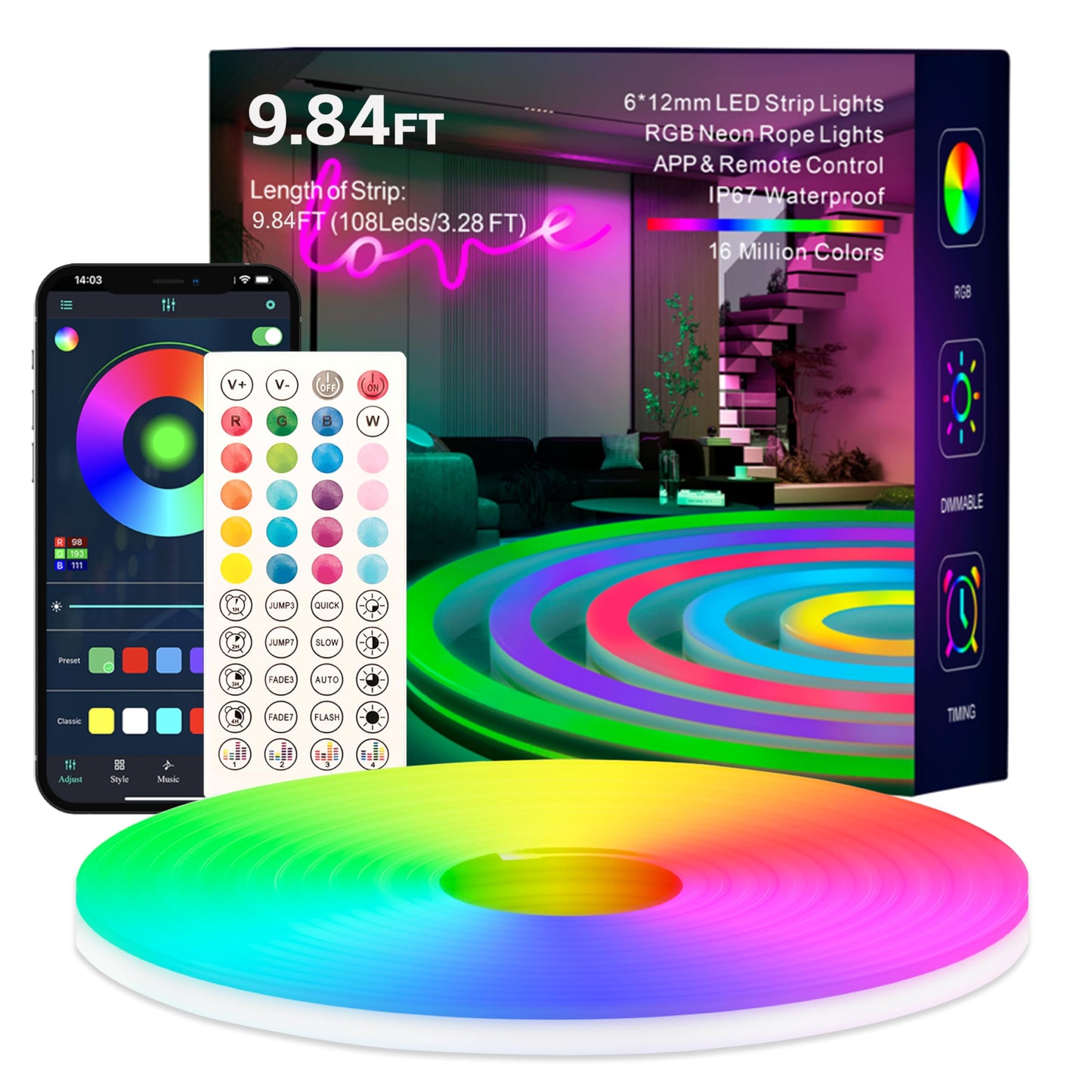 HRDJ Neon Rope Lights, 9.84FT RGB Neon Strip Lights, Outdoor IP67 Waterproof Lights, Smart APP Control with 44Key Remote, 47 Modes, Music Sync Gaming, DIY Design, Dimmable for Bedroom Decoration