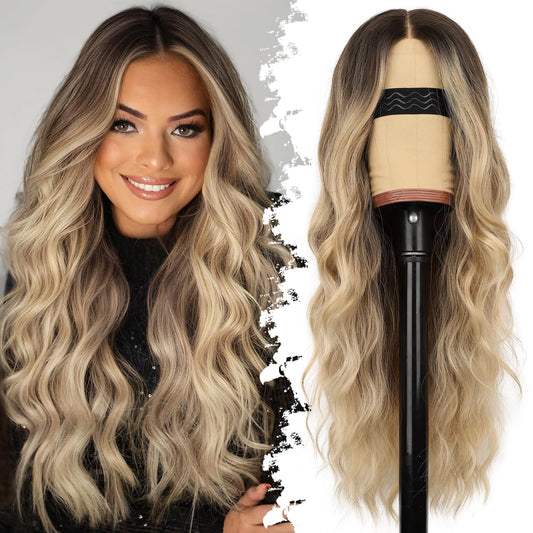 Eawwii Blonde Wig for Women Long Wavy 4x1 Lace Hairline Glueless Wigs for Beginners Middle Part Synthetic Wig Natural Hairline Wigs Ombre Blonde Wig for Daily Party Use 26Inch