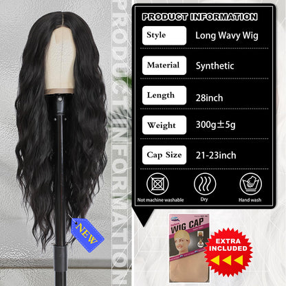 BUPPLER Cosplay Long Black Wig 28 Inch Middle Part Synthetic Wig Realistic Gifts Party Wigs for Women Daily Use Colorful Wigs (Black)