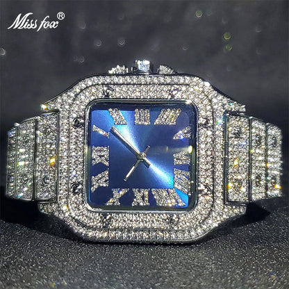 MISSFOX Square Watches For Men Luxury Designer Diamond Watch Limitied Ice Gray Edition Quartz Wristwatches For Couple Wholesale