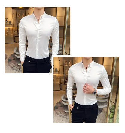 2024 Men's Shirt Neckline Embroidery Long Sleeve Casual Slim Men's Dress Shirt Solid Color Formal Business Social Clothing Top