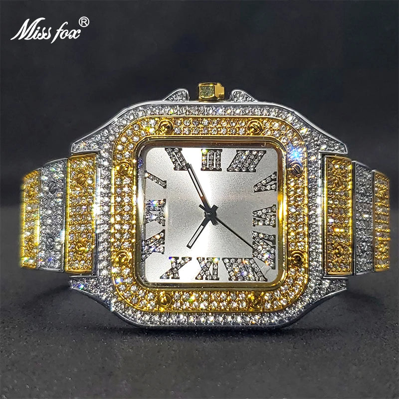 MISSFOX Square Watches For Men Luxury Designer Diamond Watch Limitied Ice Gray Edition Quartz Wristwatches For Couple Wholesale