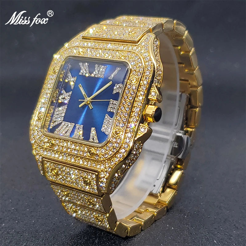 MISSFOX Square Watches For Men Luxury Designer Diamond Watch Limitied Ice Gray Edition Quartz Wristwatches For Couple Wholesale