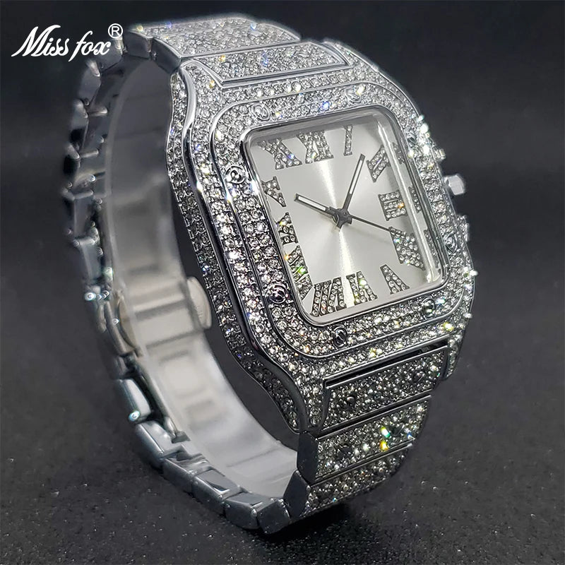 MISSFOX Square Watches For Men Luxury Designer Diamond Watch Limitied Ice Gray Edition Quartz Wristwatches For Couple Wholesale