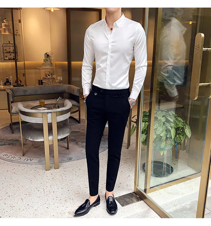 2024 Men's Shirt Neckline Embroidery Long Sleeve Casual Slim Men's Dress Shirt Solid Color Formal Business Social Clothing Top