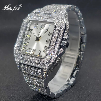 MISSFOX Square Watches For Men Luxury Designer Diamond Watch Limitied Ice Gray Edition Quartz Wristwatches For Couple Wholesale