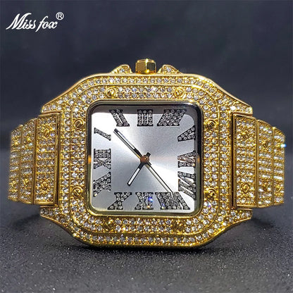 MISSFOX Square Watches For Men Luxury Designer Diamond Watch Limitied Ice Gray Edition Quartz Wristwatches For Couple Wholesale