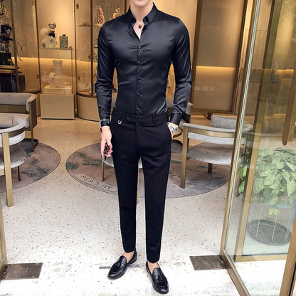 2024 Men's Shirt Neckline Embroidery Long Sleeve Casual Slim Men's Dress Shirt Solid Color Formal Business Social Clothing Top